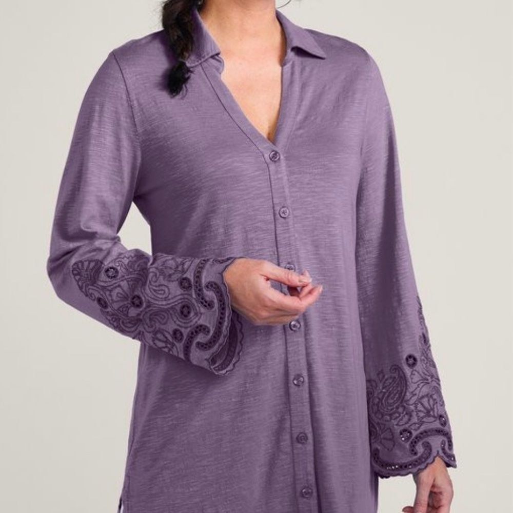 Soft Surroundings Sylvette Embroidered Tunic Big Shirt Purple size M Boho Casual